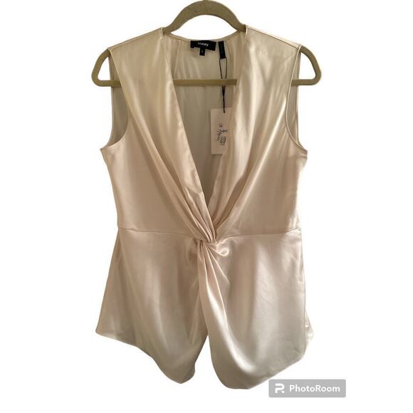 Theory Women's Sleeveless Soft Satin Twist Front Asymmestrical Blouse Sz 8 Rice - Picture 4 of 10